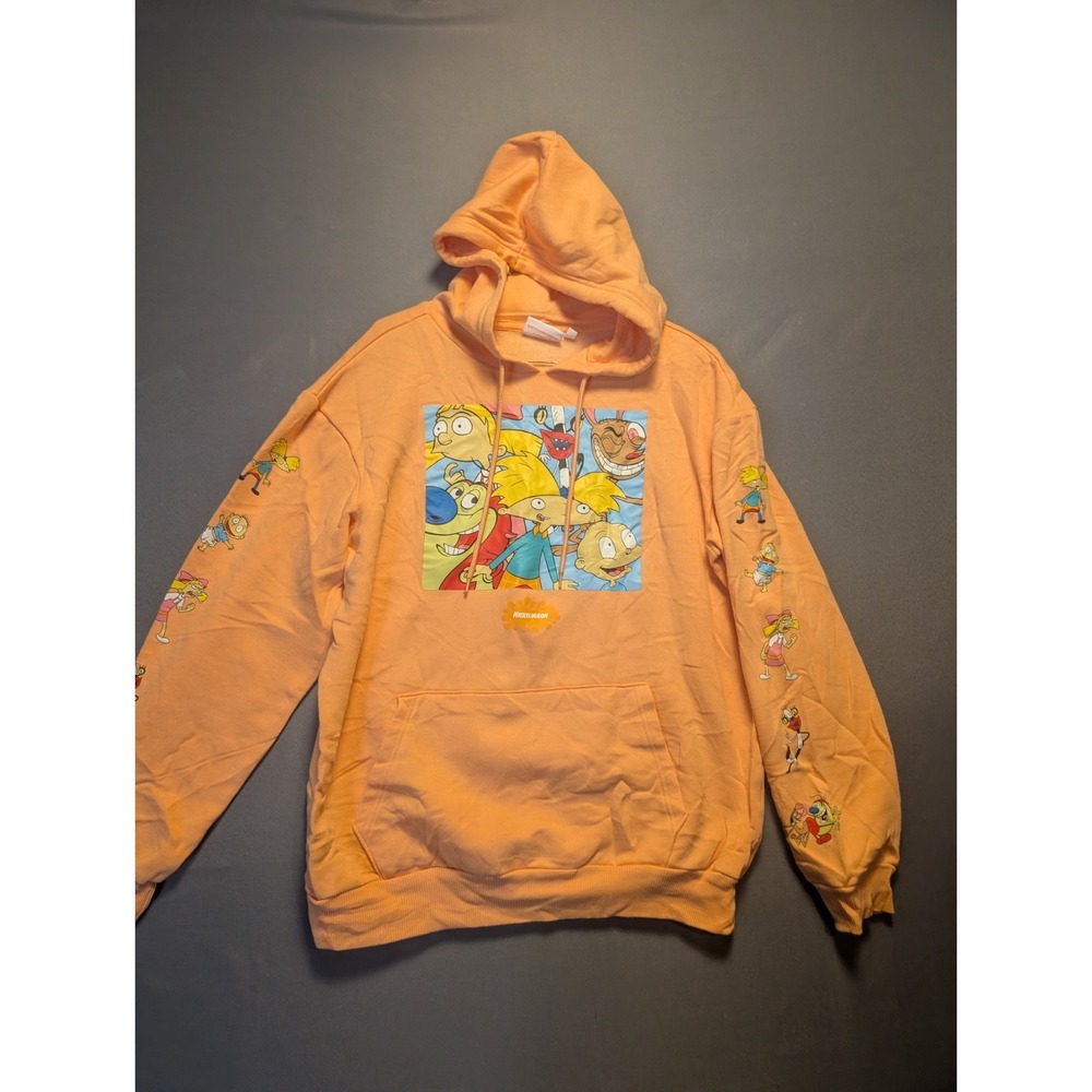 Nickelodeon Hoodie Men's L Orange Graphic Print Fleece Lined Pockets Drawstring